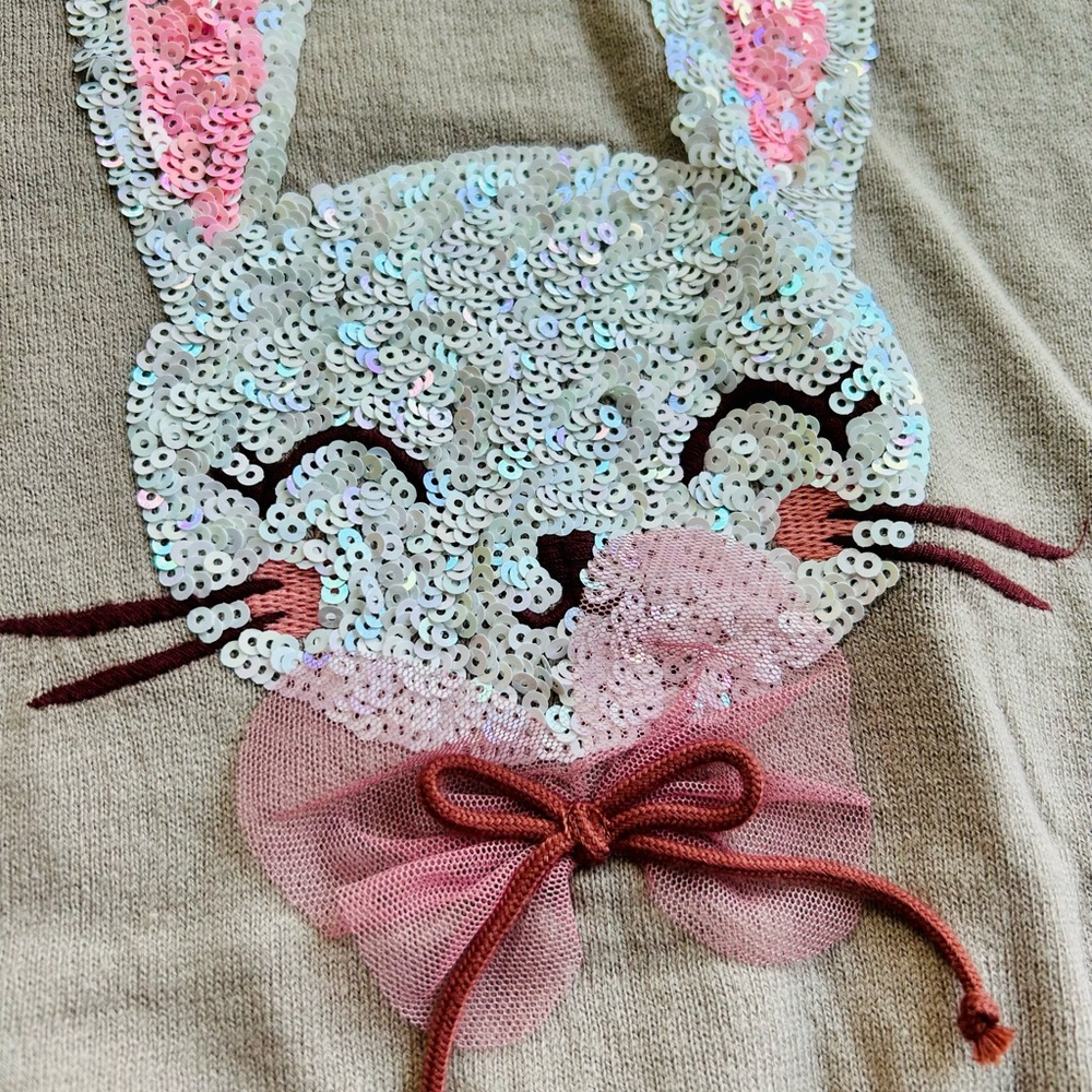 H&M size 6-8yrs Tan & Pink Bunny Fine Knit Sweater Top With Sequins & Bow, NWT - Picture 5 of 5